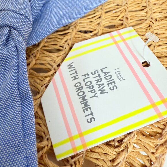 Open Weave Floppy Straw Hat Wide Brim Blue Bow Grommets Beach Cruise Resort Chic - Picture 10 of 16